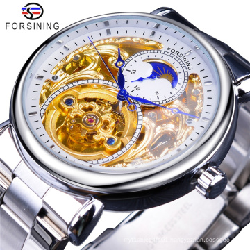 Forsining 132 White Golden Automatic Wrist Watches Silver Stainless Steel Men Mechanical Watch Top Brand Luxury Design